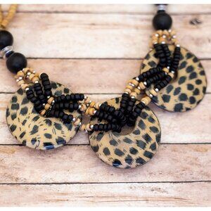 34 inch, Vintage Leopard Black Beads Bib Necklace - X24